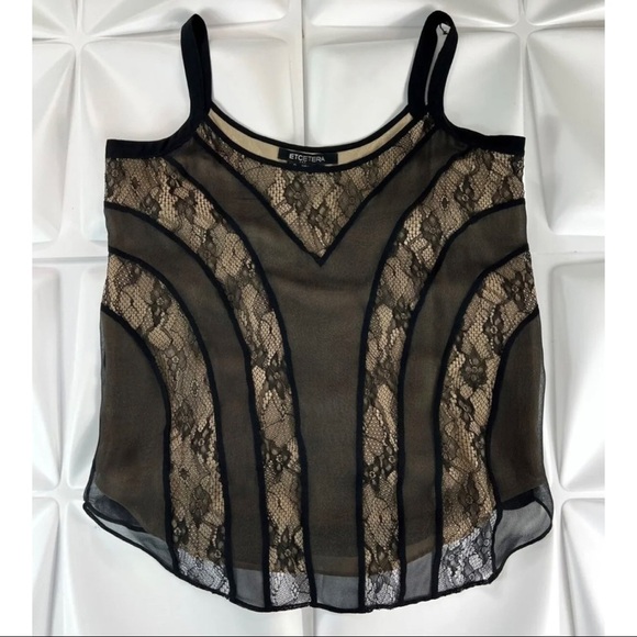 Etcetera Sz 2 Black 100% Silk Lace Chiffon Overlay Tank Top Cami Blouse - Picture 1 of 4